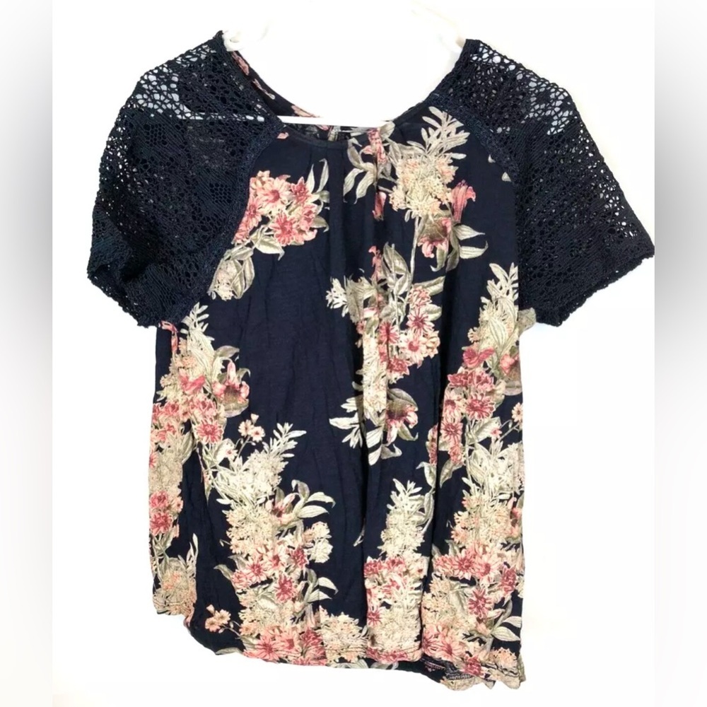 Lucky Brand Womens Lace Sleeve Black Short Sleeve Top Size Large